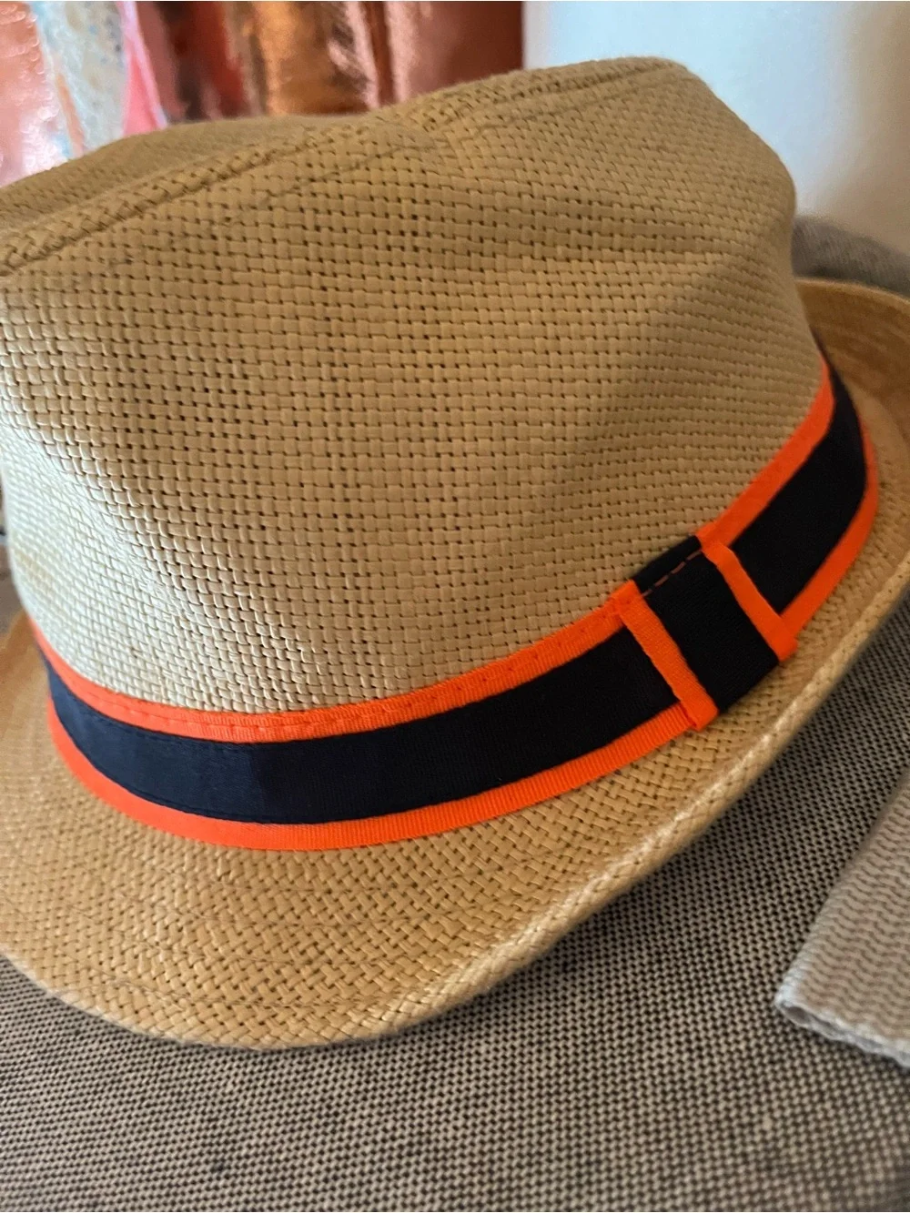 The Children's Place Tan Straw Hat with Navy and Orange Band